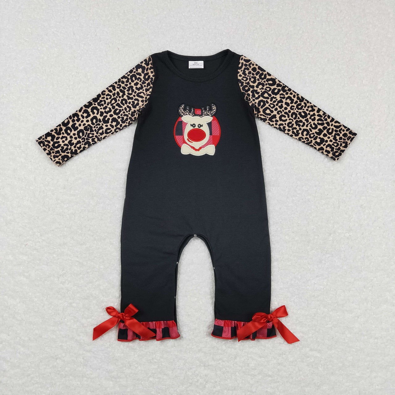 LR0730 Baby Girl Christmas Long Sleeves Embroidery Deer One Piece Romper