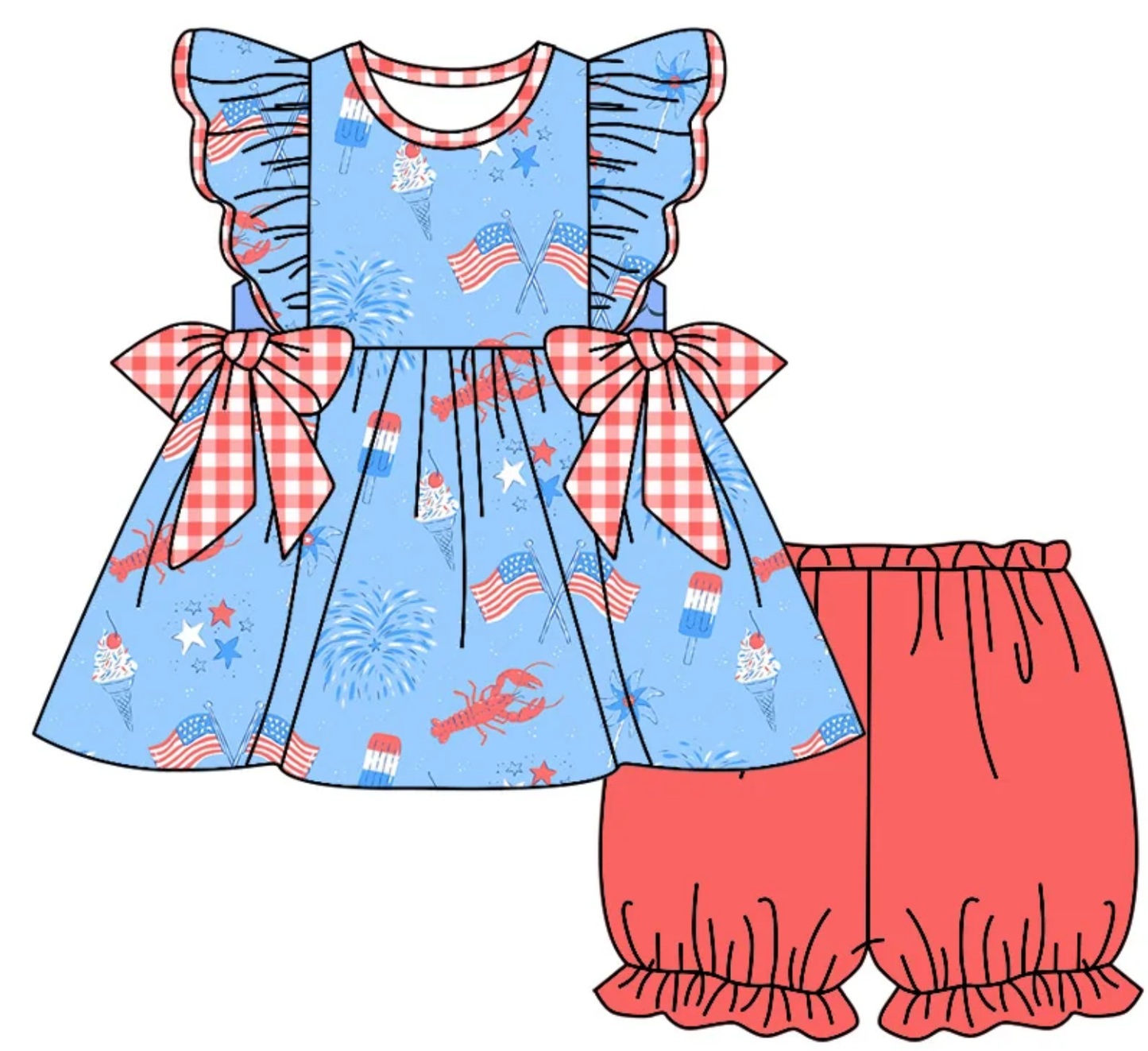 Baby Boy Girl July 4th Flags Crawfish Sibling Dress Romper Clothes Set ( Moq 5 Each style ) 11.27
