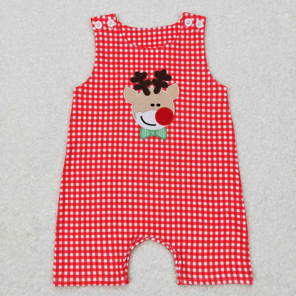 SR0409 Baby Boy Christmas Embroidery Reindeer Red Plaid Romper