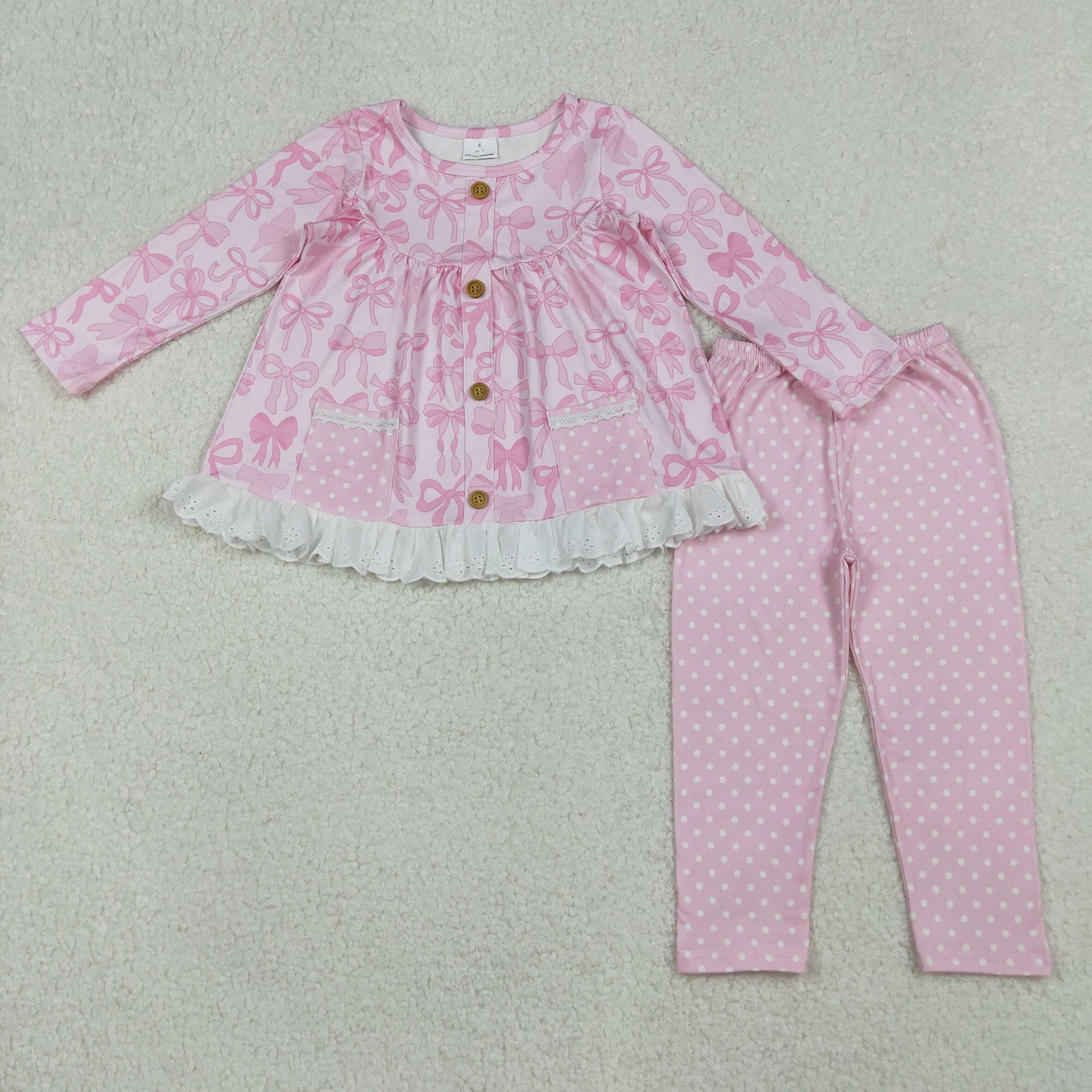 Baby Girl Long Sleeves Pink Bows Pockets Tunic Dots Pants Set RTS