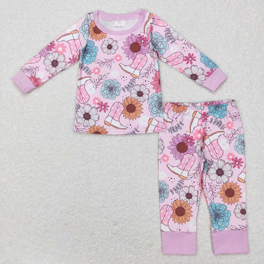 GLP0977 Baby Girl Western Long Sleeves Floral Boots Pants Outfit Pajamas