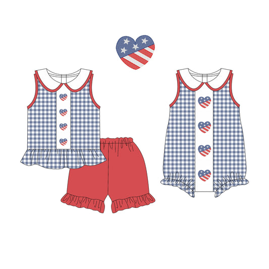 Baby Girl July 4th Hearts Checked Sibling Romper Set ( Moq 5 Each Style ) 3.17