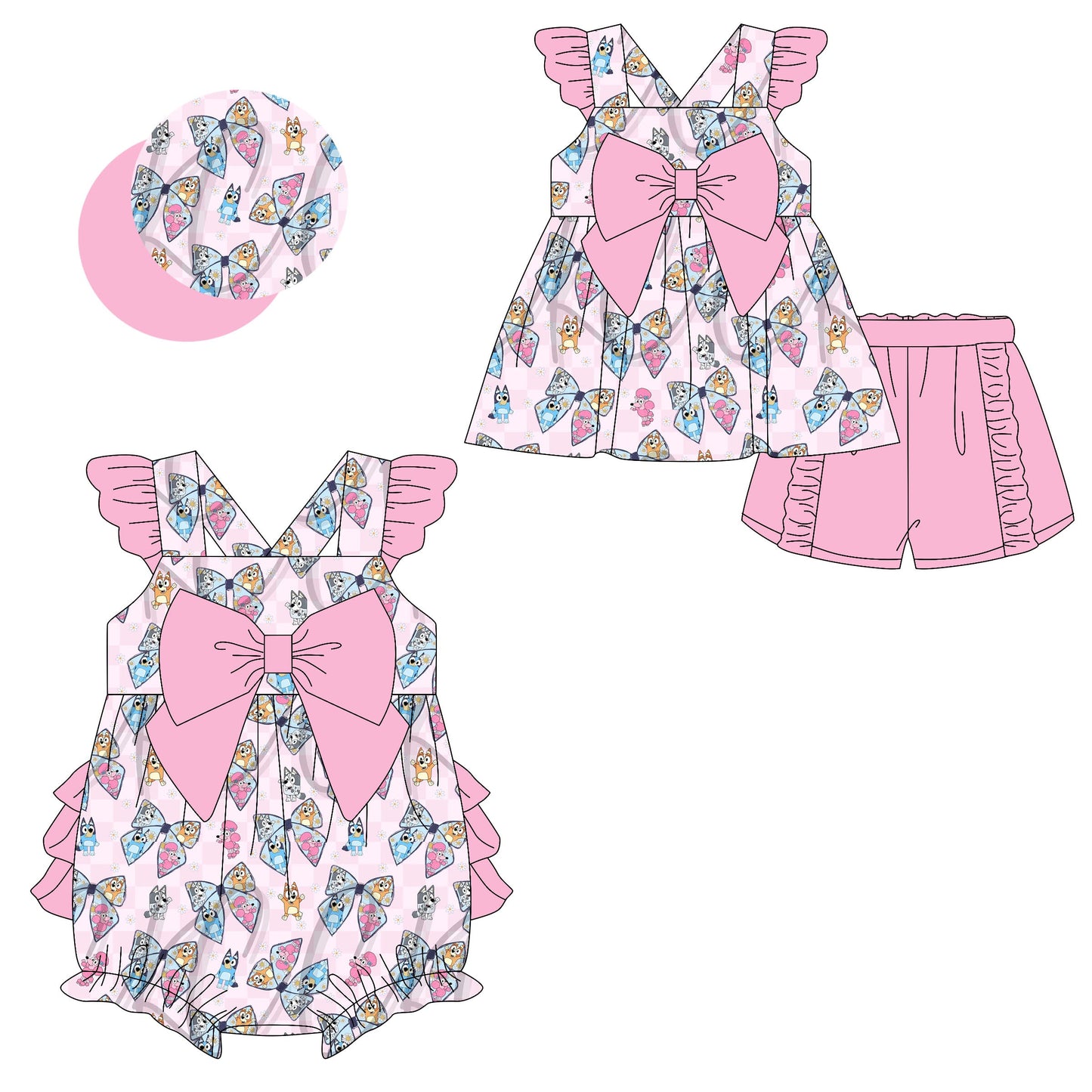 Baby Girl Short Sleeves Dogs Bows Sibling Romper Set ( Moq 5 Each Style ) 2.10