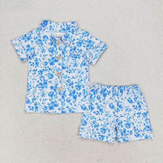Baby Girls Kids Short Sleeves Blue Flower Buttons Shirt Shorts Pajamas Clothes Set RTS