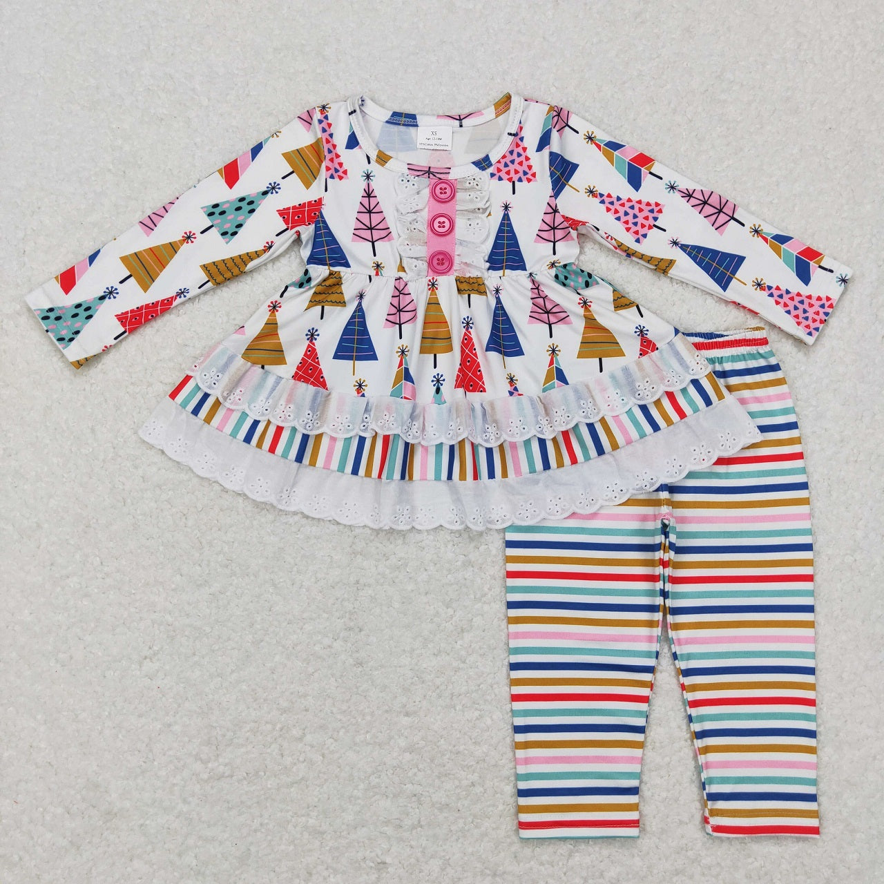 GLP0953 Baby Girl Long Sleeves Christmas Tree Tunic Colorful Stripes Pants Outfit