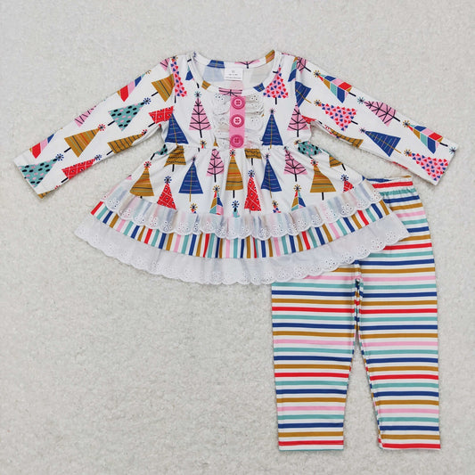 GLP0953 Baby Girl Long Sleeves Christmas Tree Tunic Colorful Stripes Pants Outfit