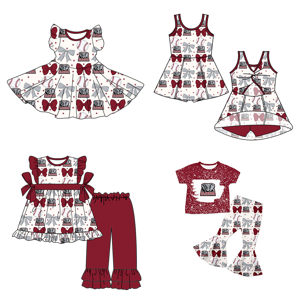 ( Moq 5 each style ) Baby Girl Toddler Team Bows Baseball Elephant Sibling Dress Set