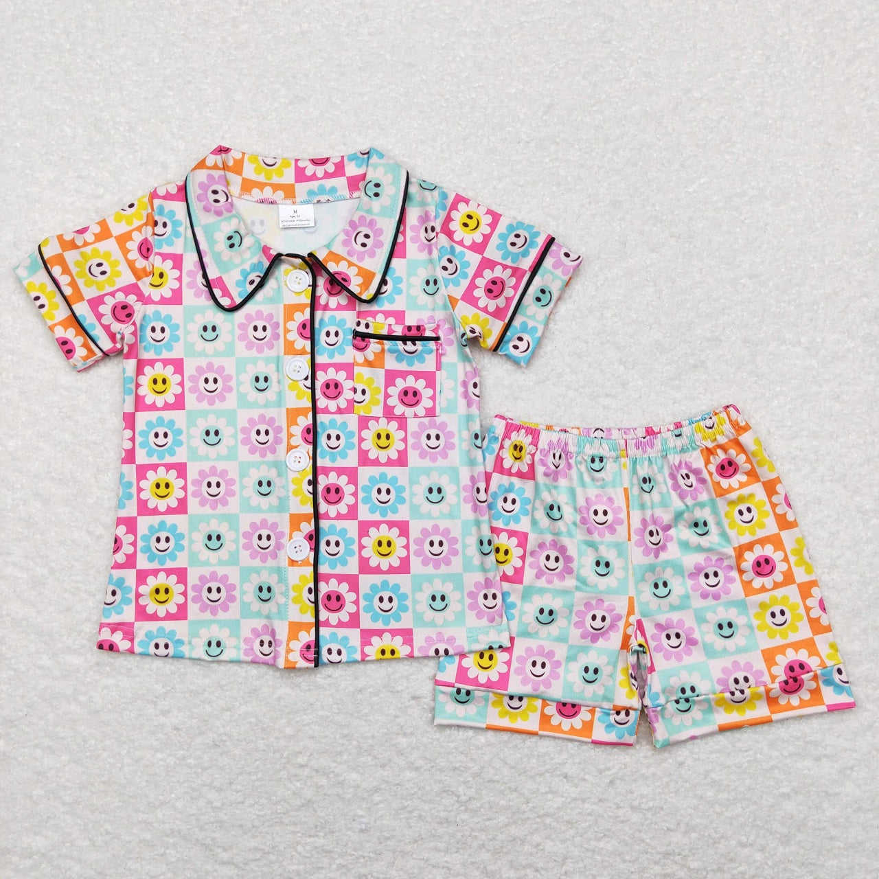 GSSO0381 Baby Girl Short Sleeves Face Floral Buttons Shirt Shorts Pajamas Set