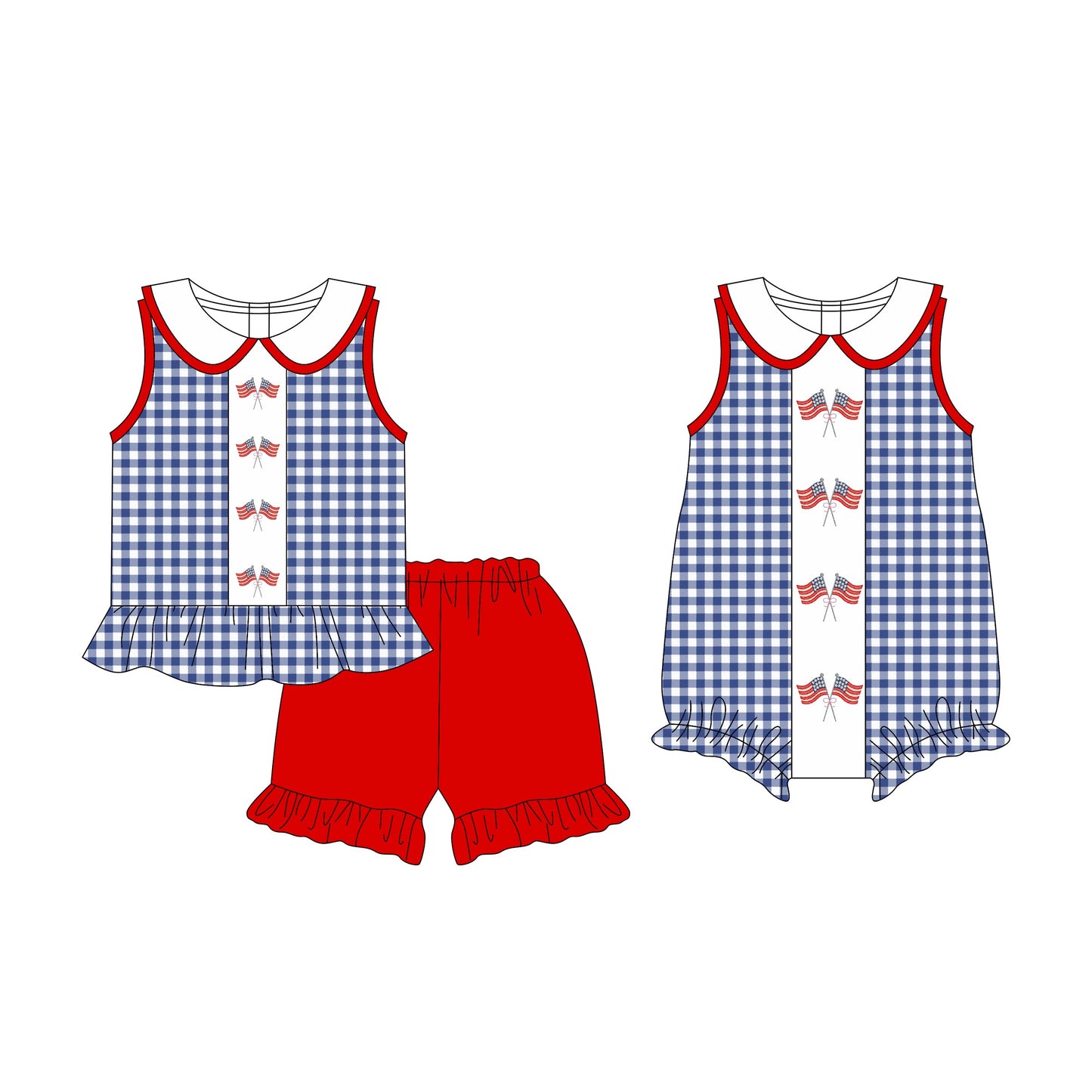 Baby Girl July 4th Flags Checked Sibling Romper Set ( Moq 5 Each Style ) 3.17
