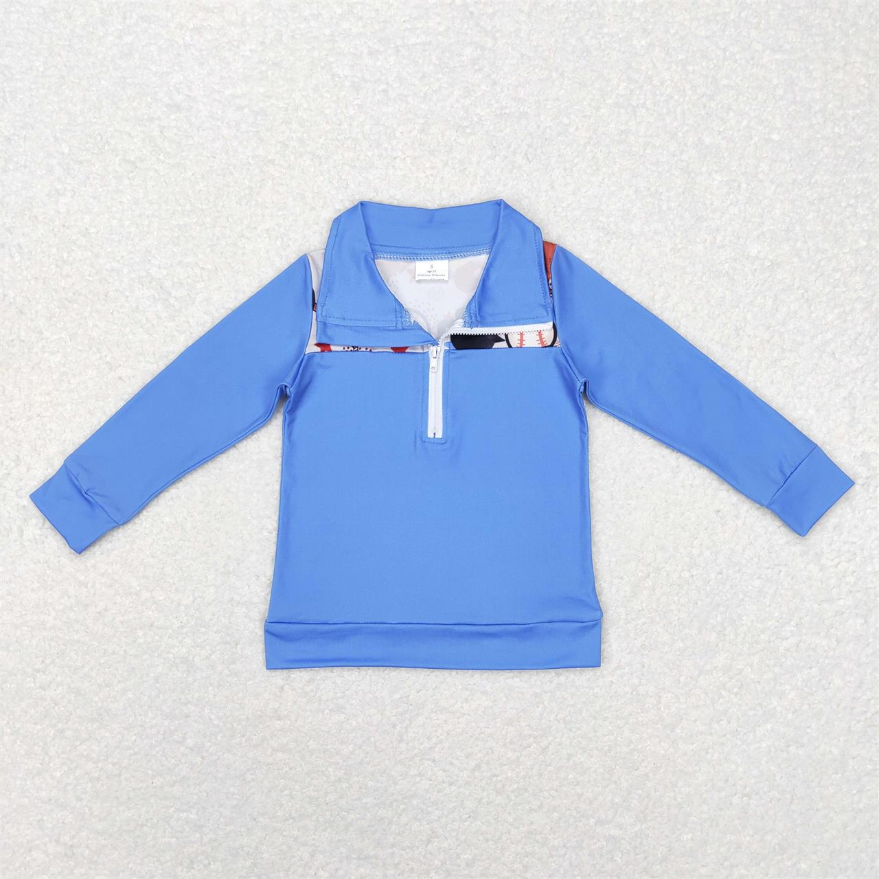 BT0466 Baby Boy Long Sleeves Baseball Blue Zipper Shirt