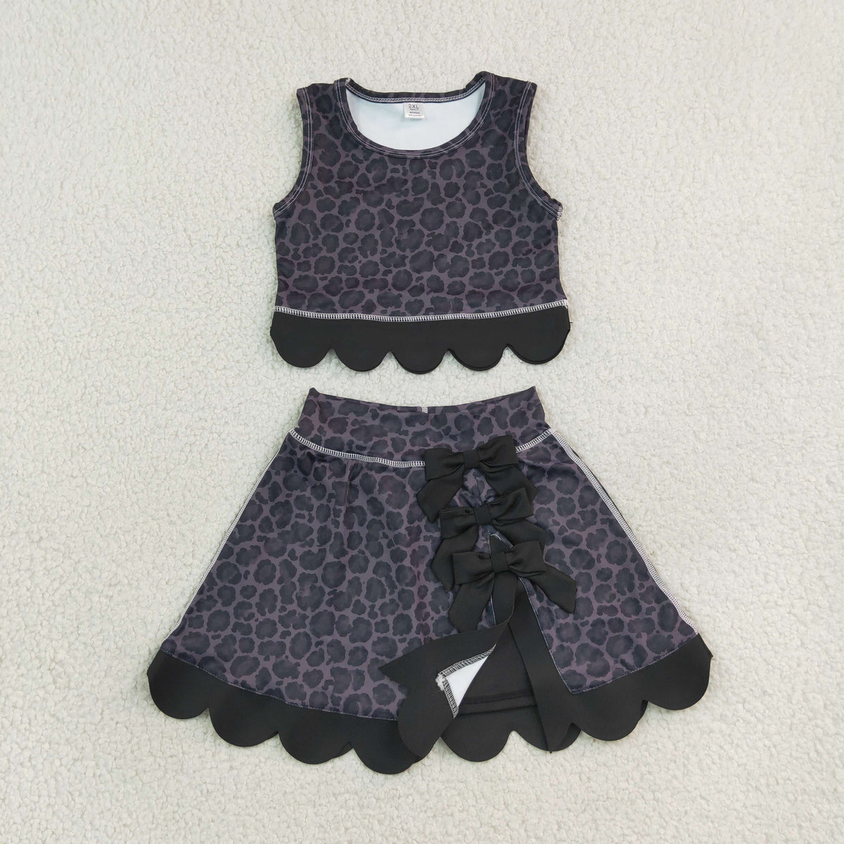 Baby Girls Kids Black Leopard Vest Bows Scallop Bows Skirt Shorts Yoga Active Set Clothes RTS