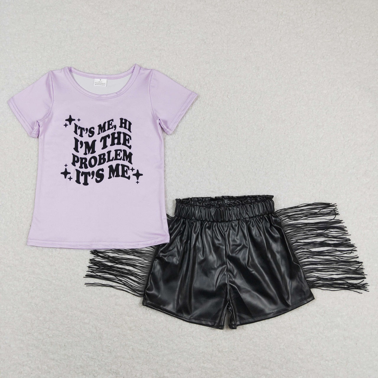 GSSO0650 Baby Girl Short Sleeves Singer Shirt Black Leather Shorts Set