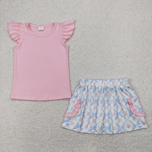 Baby Girl Short Sleeves Pink Shirt Flower Bows Pockets Skirt Set