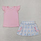Baby Girl Short Sleeves Pink Shirt Flower Bows Pockets Skirt Set RTS