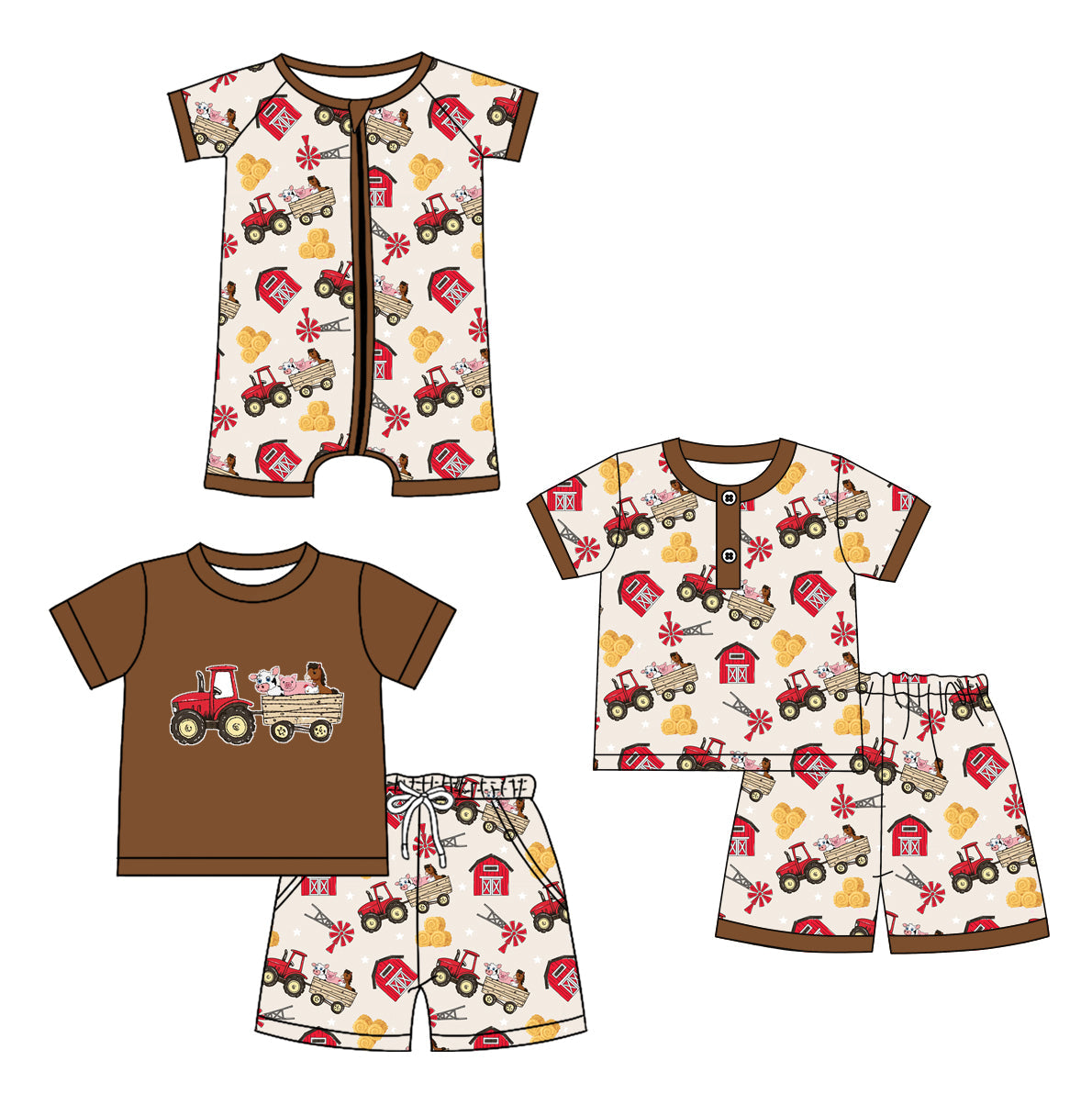 Baby Boy Short Sleeves Farm Tractors Animals Sibling Romper Set ( Moq 5 Each Style ) 12.21