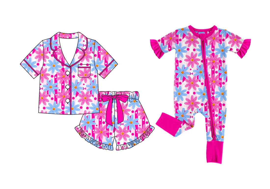 ( Moq 5 Each Style ) Sibling Baby Girls Kids Short Sleeves Flower Buttons Shirt Shorts Pajamas Set Zipper Romper
