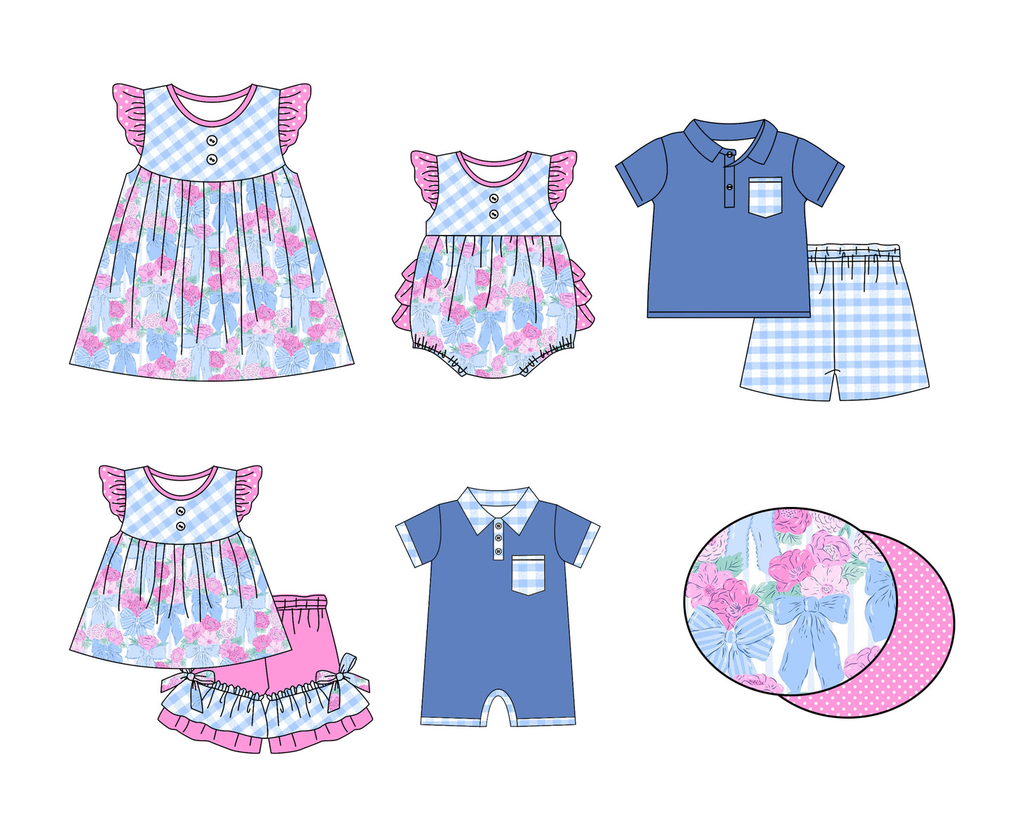 Baby Boy Girl Bows Flower Sibling Matching Dress Romper Clothes Set ( Moq 5 Each style )