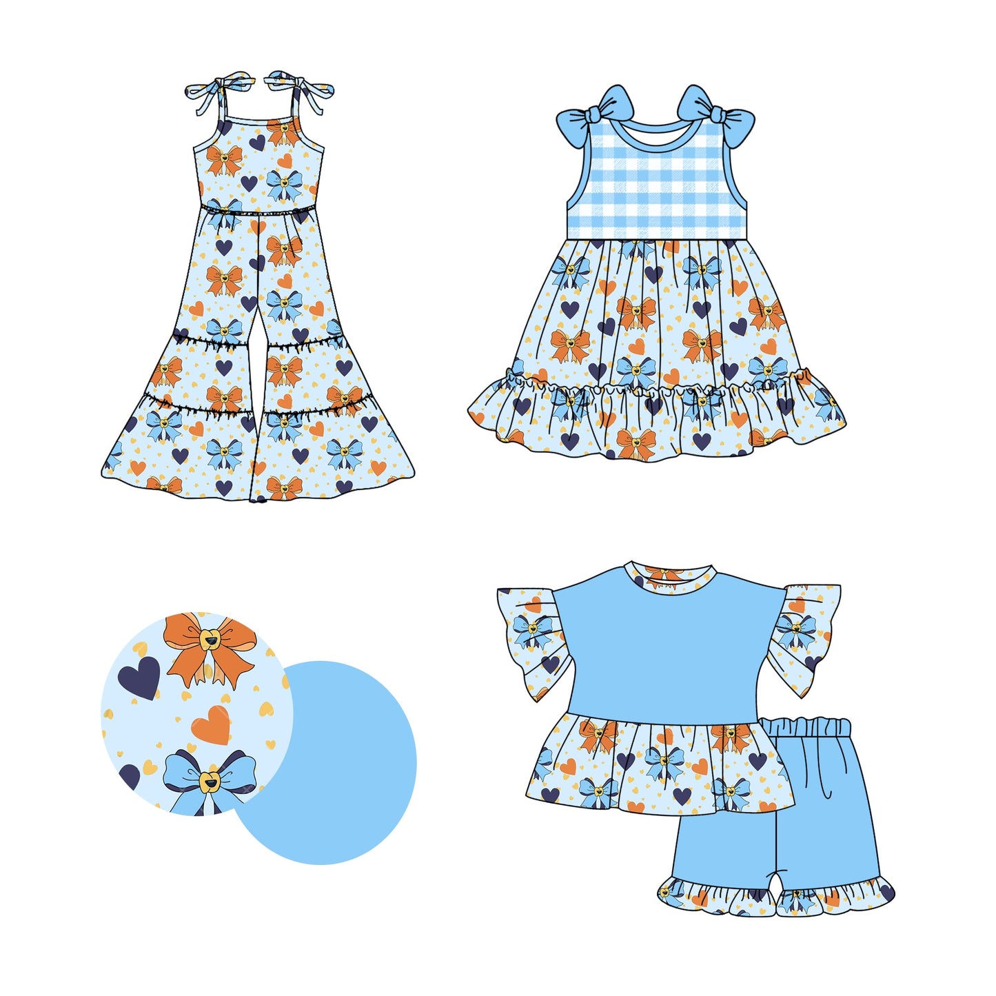 Baby Girl Bows Hearts Blue Checked Sibling Jumpsuit Dress Set ( Moq 5 Each Style ) 2.26