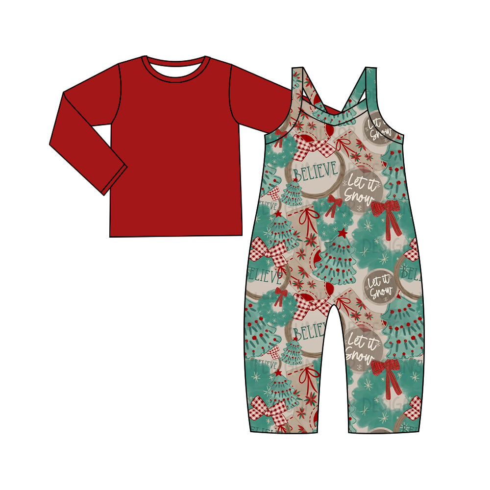 Baby Girl Toddler Long Sleeves Red Shirt Christmas Jumpsuit Set