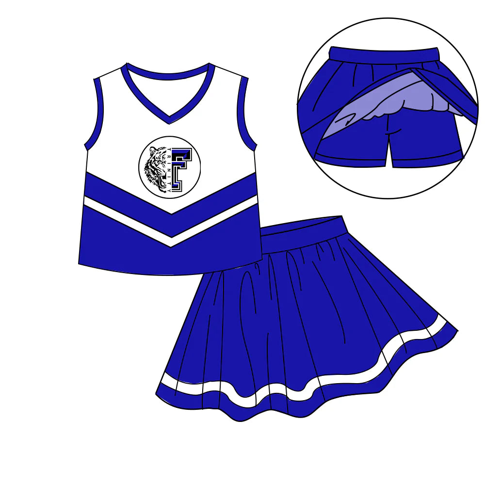 ( Moq 5 each style ) Baby Girl Summer Tiger Team Cheer Sibling Blue Bows Dress Set 7.18