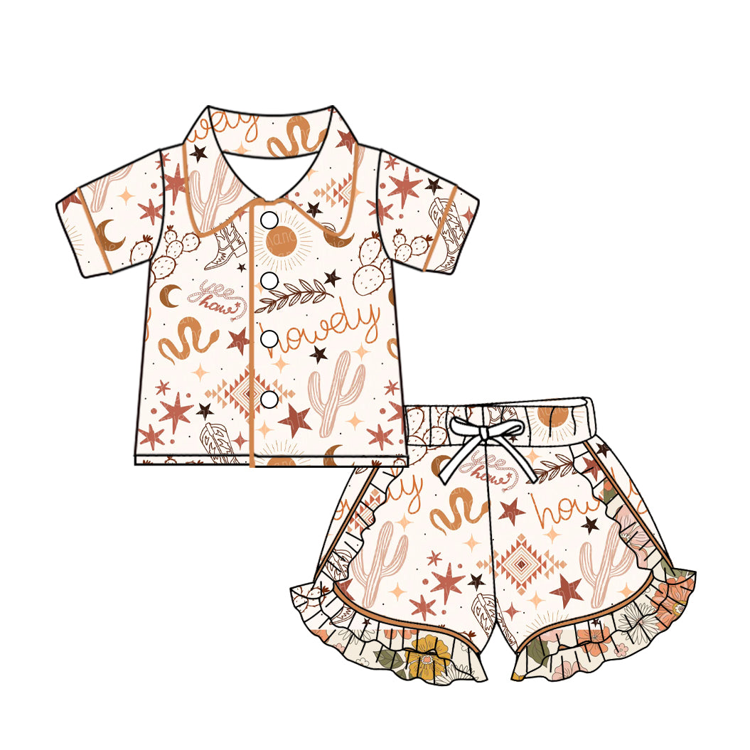 Baby Girl Short Sleeves Western Cactus Buttons Shirt Shorts Pajamas Set Moq 5