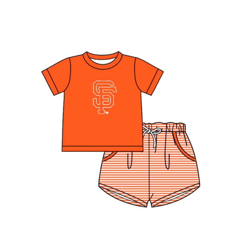 ( Moq 5 ) Sibling Baby Boys Kids Short Sleeves Orange Shirt Stripes Pockets Shorts Team Set Clothes