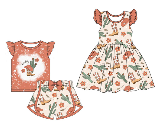 Baby Girl Short Sleeves Boots Cactus Flower Sibling Dress Set ( Moq 5 Each Style ) 12.25