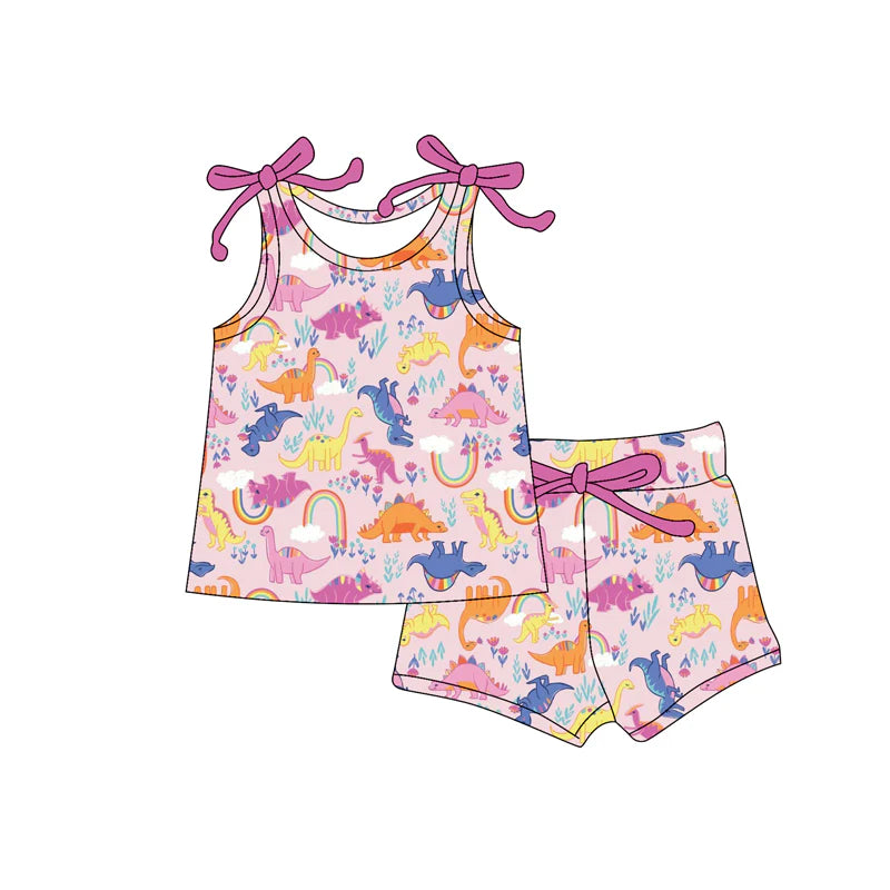 Baby Girls Bows Sleeveless Dinosaurs Rainbow Top Short Set ( Moq 5 )