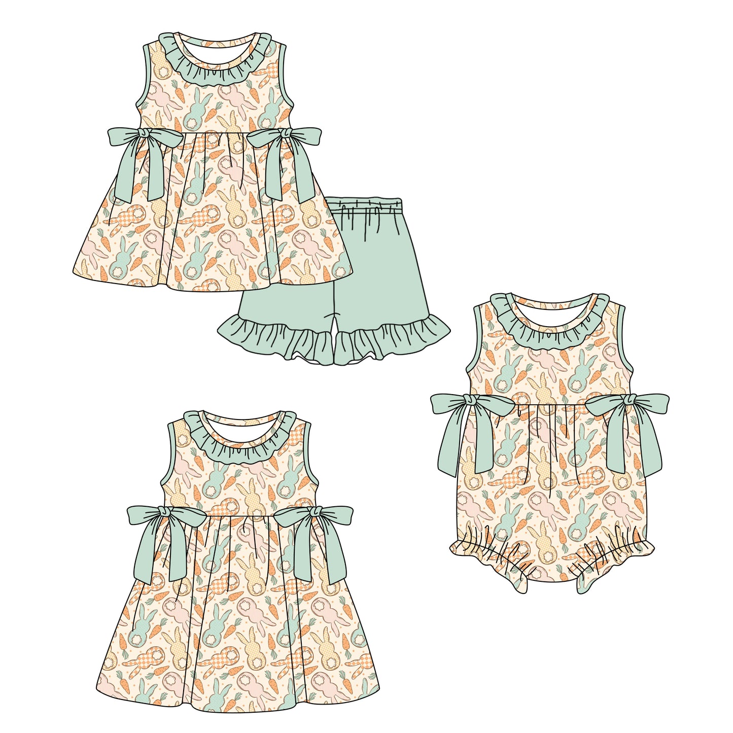 ( Moq 5 Each Style ) Baby Girls Kids Rabbits Carrots Green Bows Sibling Easter Romper Dress Set