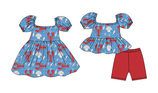 ( Moq 5 Each Style ) Baby Girls Kids Short Sleeves Crayfish Sibling Blue Dress Set