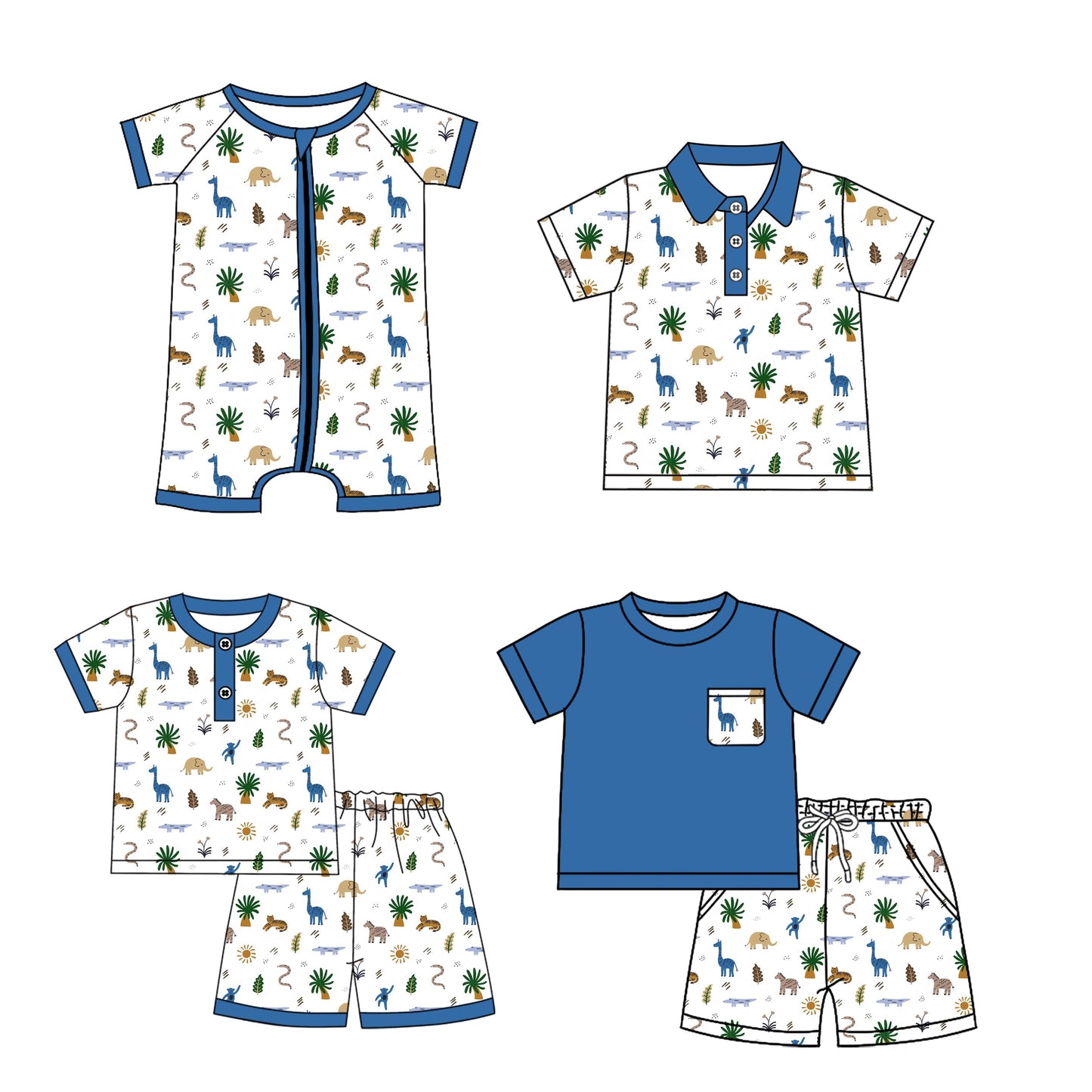 Baby Boy Short Sleeves Animals Blue Sibling Romper Set ( Moq 5 Each Style ) 1.25