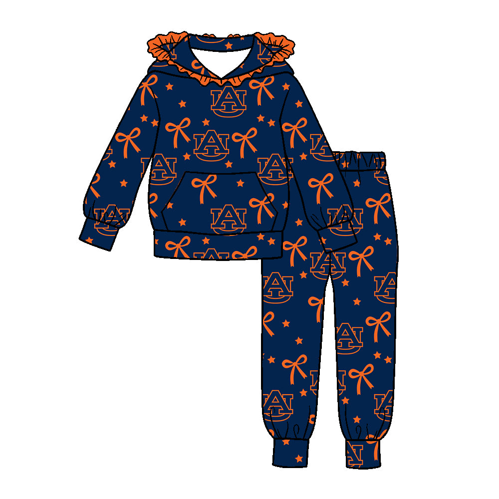 ( Moq 5 ) Baby Girls Toddler Bows Hoodie Pullover Pockets Pants Team Clothes Navy Set
