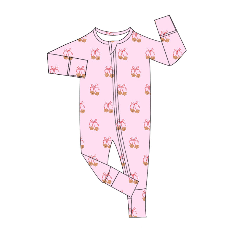 Baby Girl Long Sleeves Dogs Bows Pink Zipper Romper