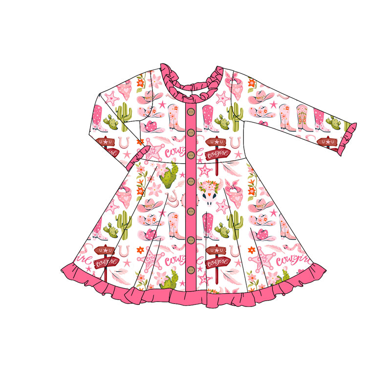 Baby Girl Long Sleeves Western Cactus Boots Pink Dress