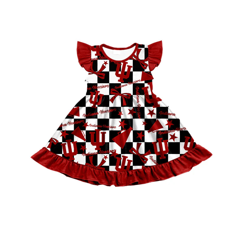 ( Moq 5 each style ) Baby Girl Toddler  Team Red Bows Cheer Sibling Checked Dress Set 6.30