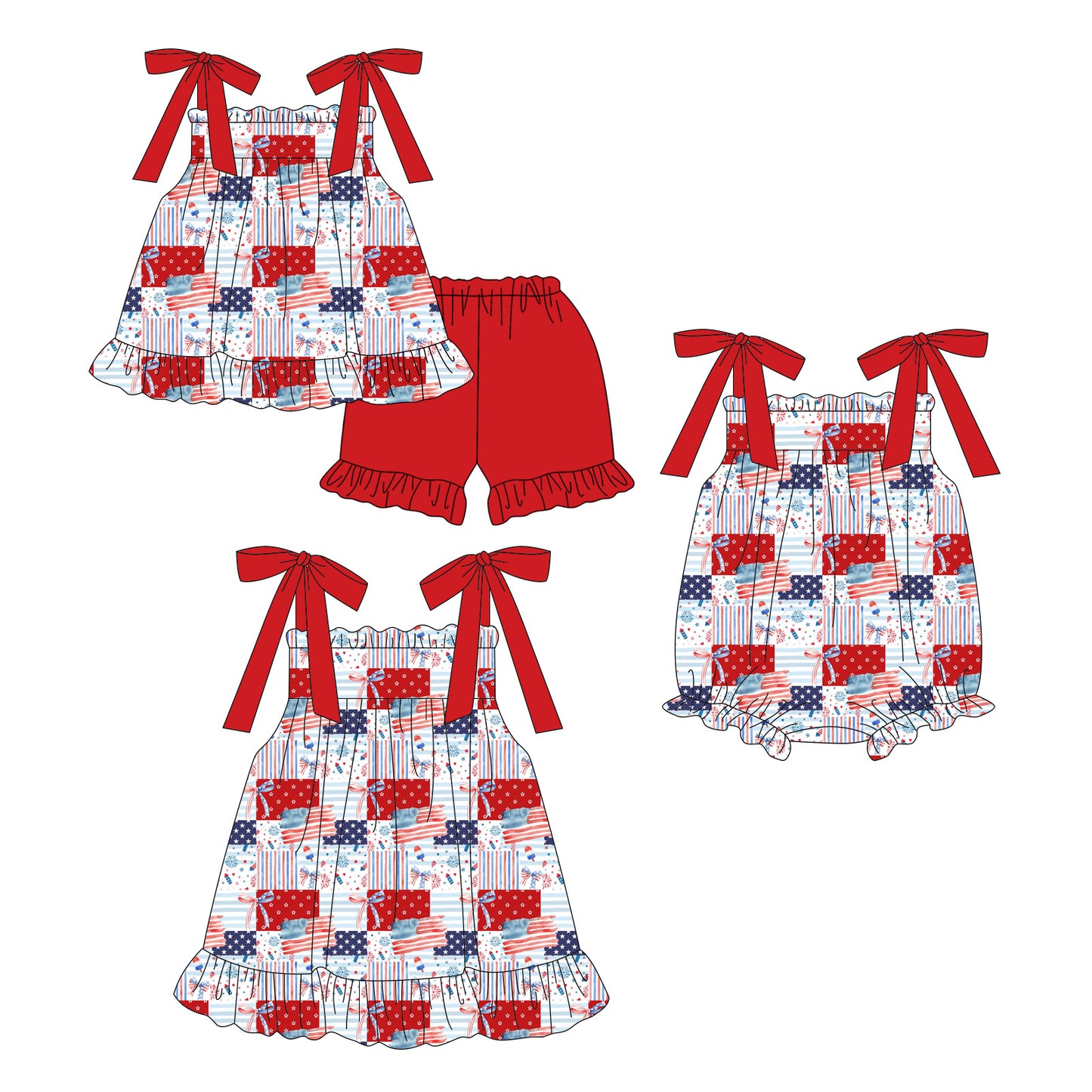( Moq 5 Each Style ) Sibling Baby Girls Kids Flags Plaid Romper Dress Set 4th of July Clothes