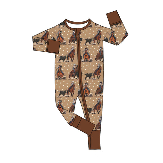 Baby Boy Long Sleeves Western Rodeo Cow Zipper Brown Romper