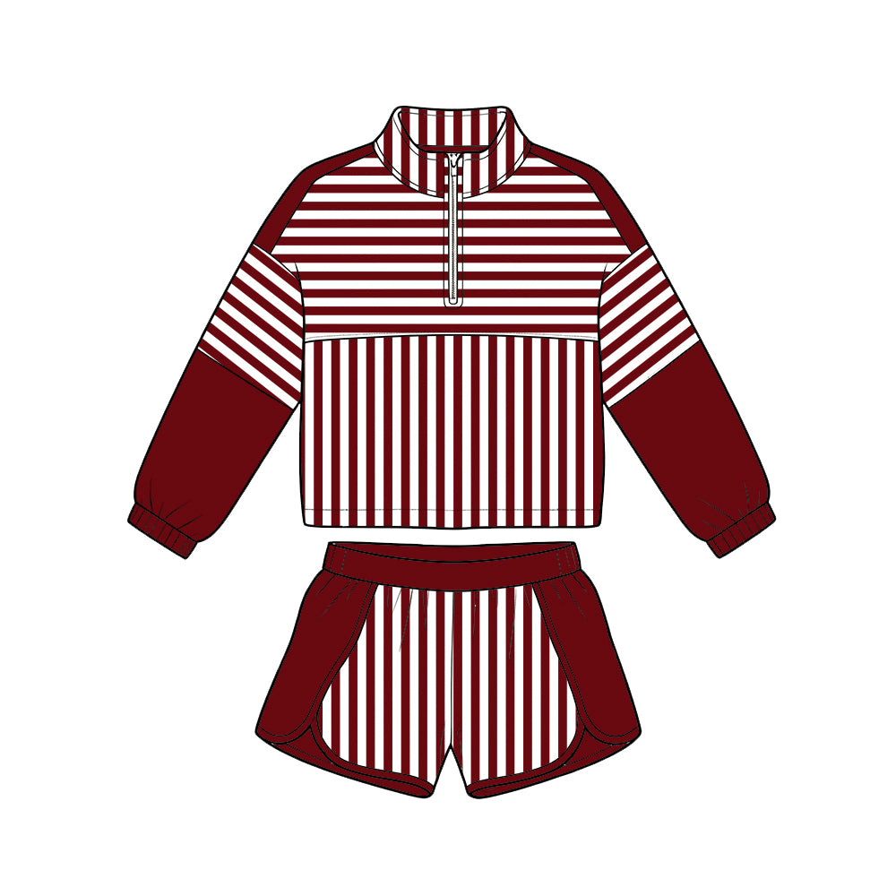 ( Moq 5 ) Baby Girls Kids Long Sleeves Zipper Pullover Stripes Shorts Team Set Clothes