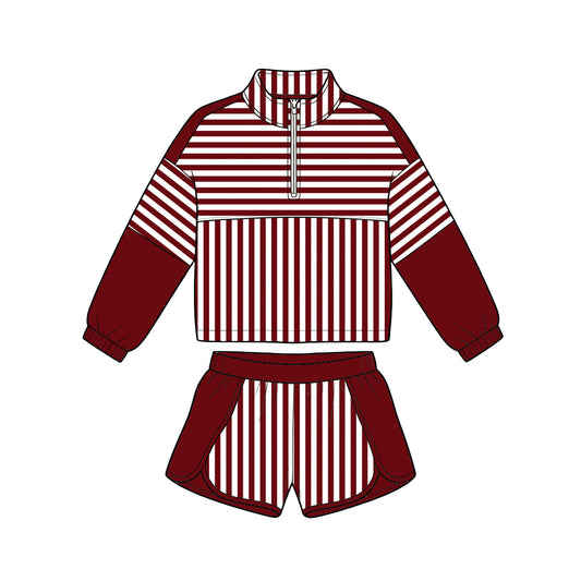 ( Moq 5 ) Baby Girls Kids Long Sleeves Zipper Pullover Stripes Shorts Team Set Clothes
