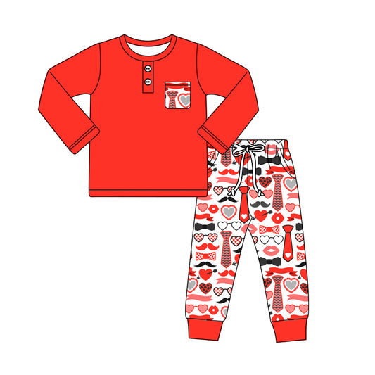 Baby Boy Long Sleeves Pocket Red Shirt Hearts Pants Valentine Set Moq 5