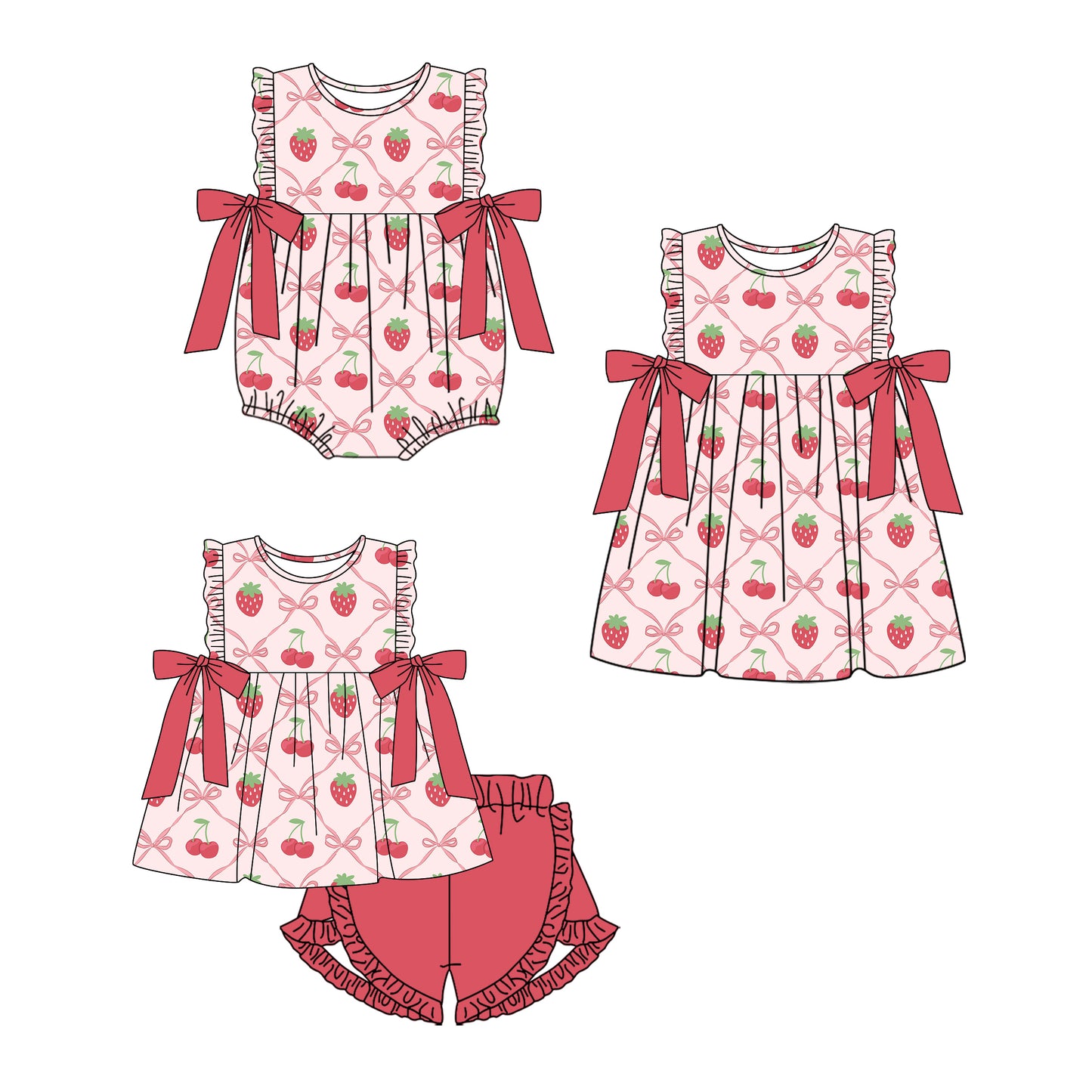 Baby Girl Strawberry Bows Sibling Purple Romper Dress Clothes Set ( Moq 5 Each Design )