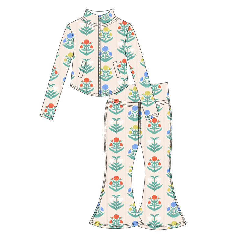 ( Moq 10 ) Baby Girl Colorful Flower Long Sleeves Pockets Zipper Shirt Bell Bottom Pants Activity Wear Yoga Set