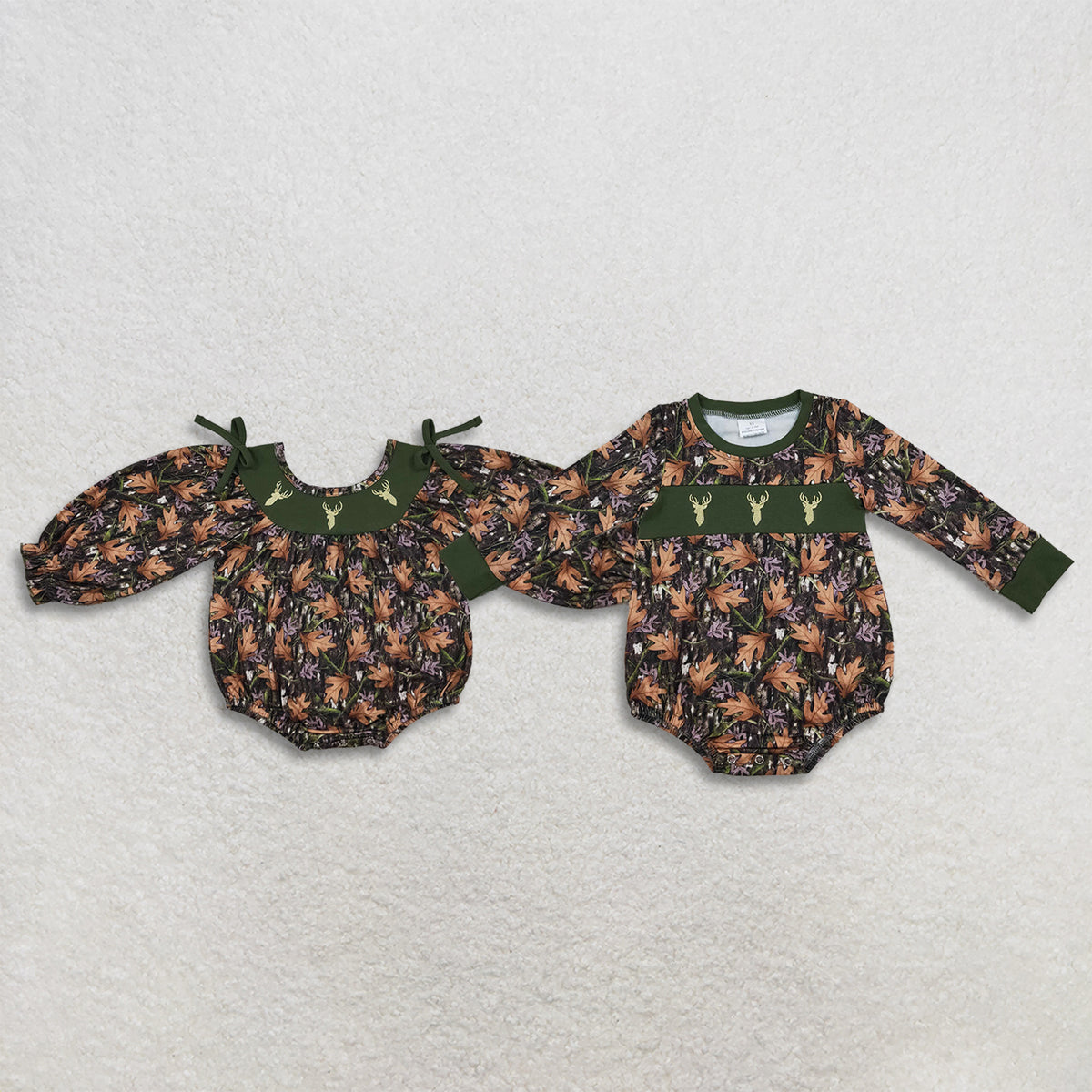 Sibling Baby Boys Girls Infant Embroidery Deer Leaves Bubble Rompers Camo Clothes RTS