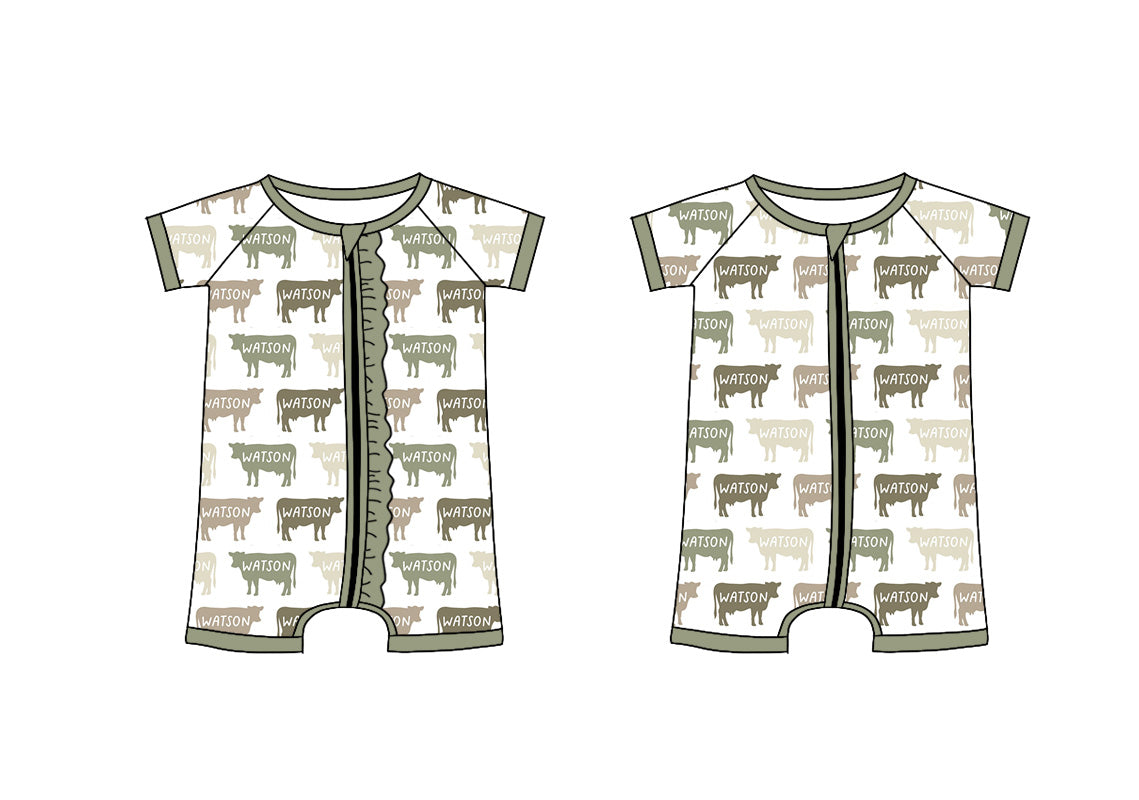 Baby Boy Girl Short Sleeves Farm Cow Zipper Sibling Romper ( Moq 5 Each Style ) 3.8
