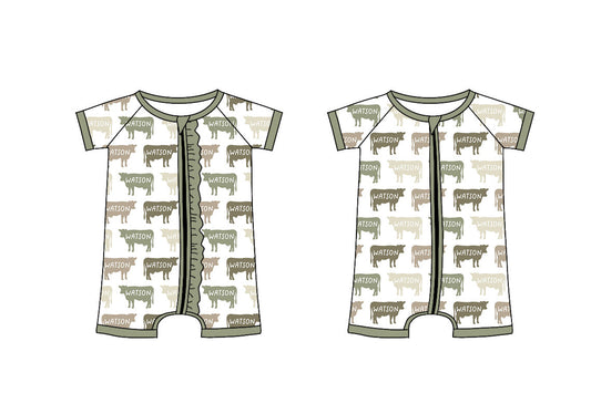 Baby Boy Girl Short Sleeves Farm Cow Zipper Sibling Romper ( Moq 5 Each Style ) 3.8