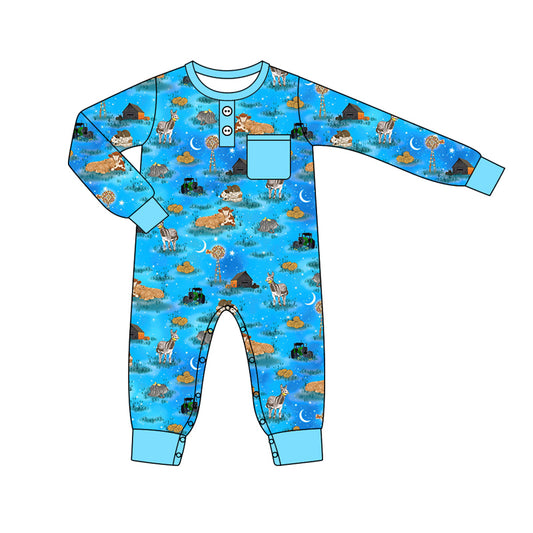 Baby Boy Infant Long Sleeves Farm Animals Blue Romper