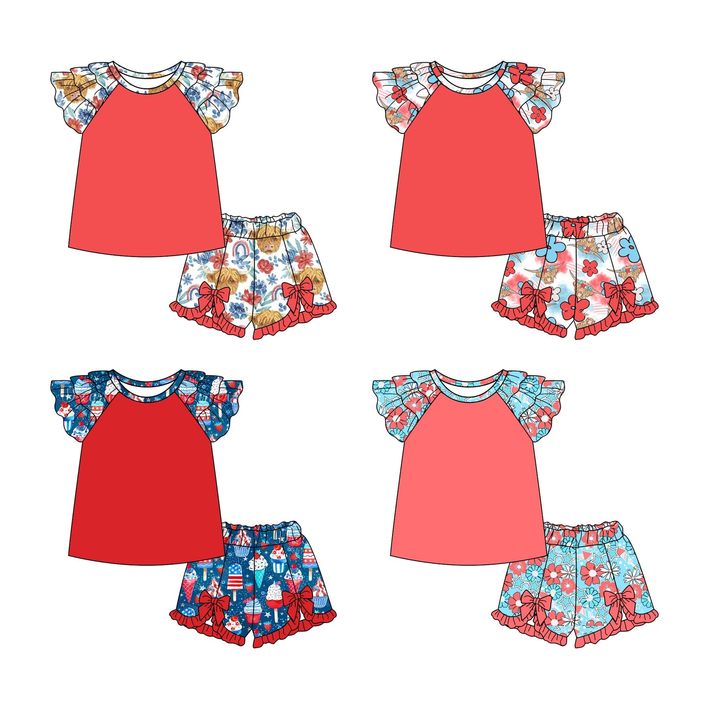 Baby Girl Short Sleeves Flower July 4th Sibling Set ( Moq 5 Each Style ) 2.11