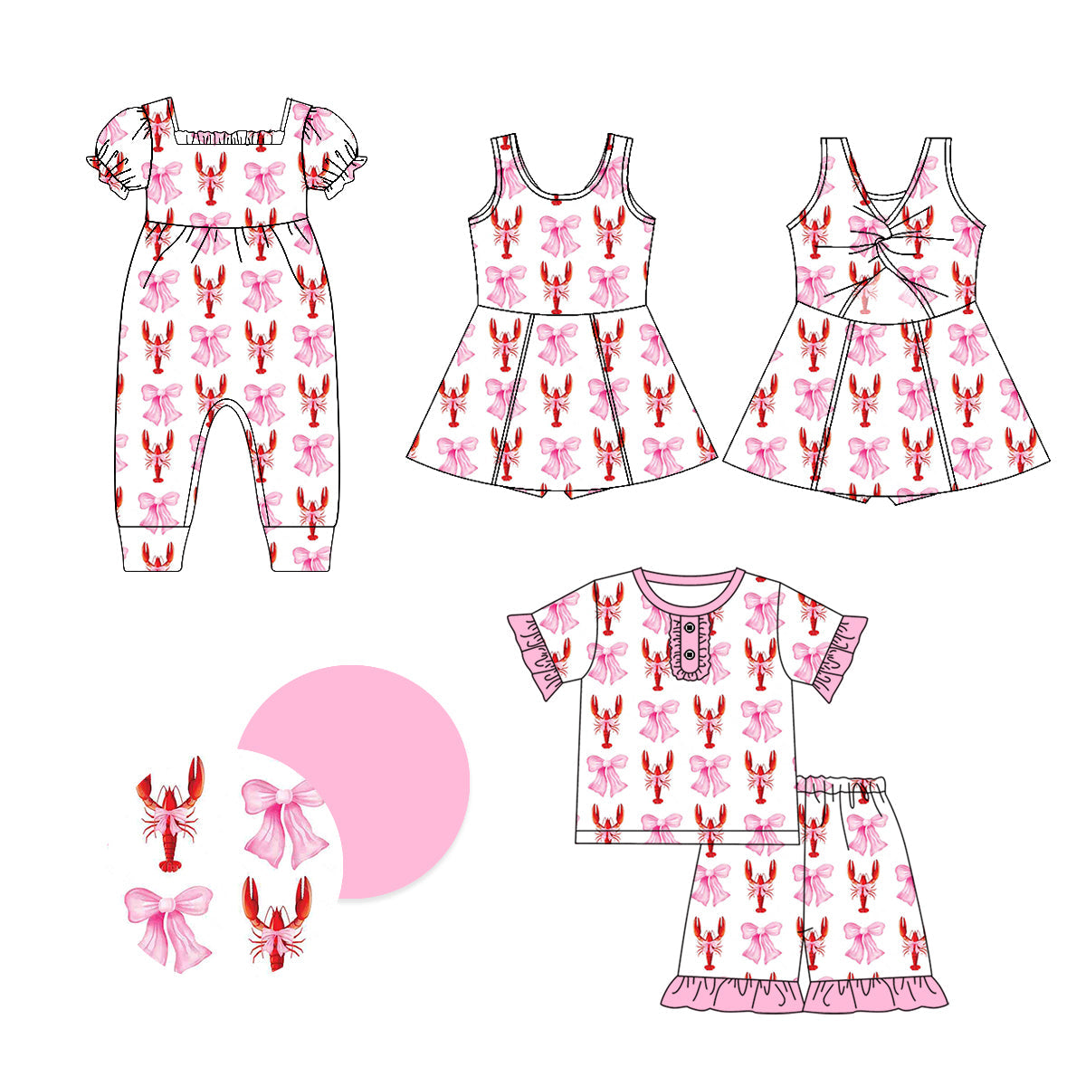 Baby Girl Crawfish Pink Bows Sibling Romper Dress Set ( Moq 5 Each Style ) 1.10