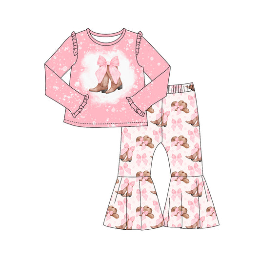 Baby Girl Long Sleeves Boots Hats Bow Pink Shirt Bell Pants  Set