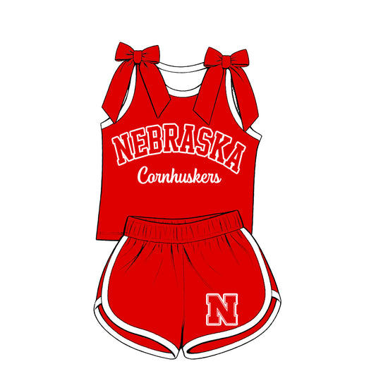 ( Moq 5 ) Baby Girls Kids Sleeveless Bows Shirt Shorts Team Set Cheer Clothes